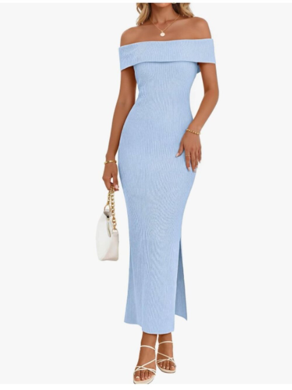 Light Blue Ribbed Knit Over Shoulder Dress l Medium